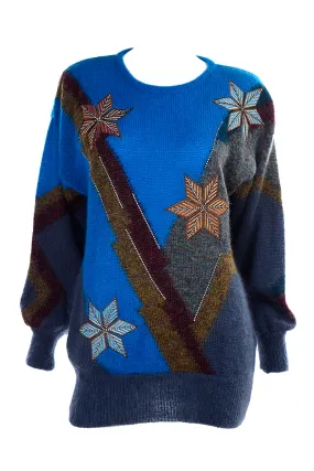 1980s Escada Oversized Mohair & Wool Sweater w/ Star Snowflakes