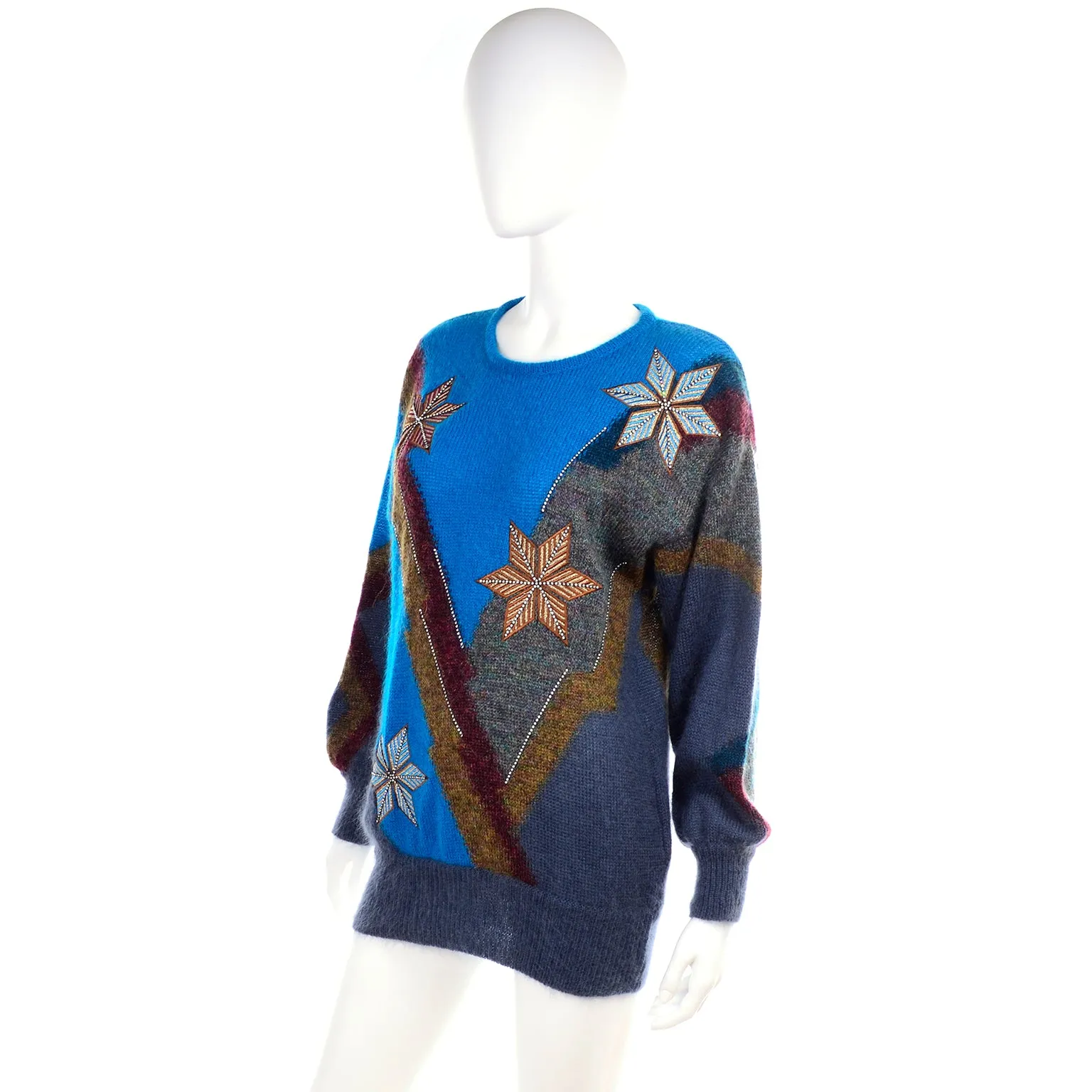 1980s Escada Oversized Mohair & Wool Sweater w/ Star Snowflakes