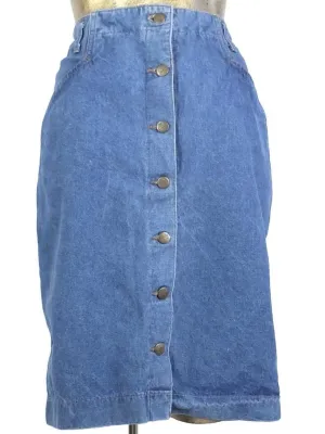 80s Utilitarian Medium Wash Denim High Waisted Snap Button A-Line Jean Mini Skirt