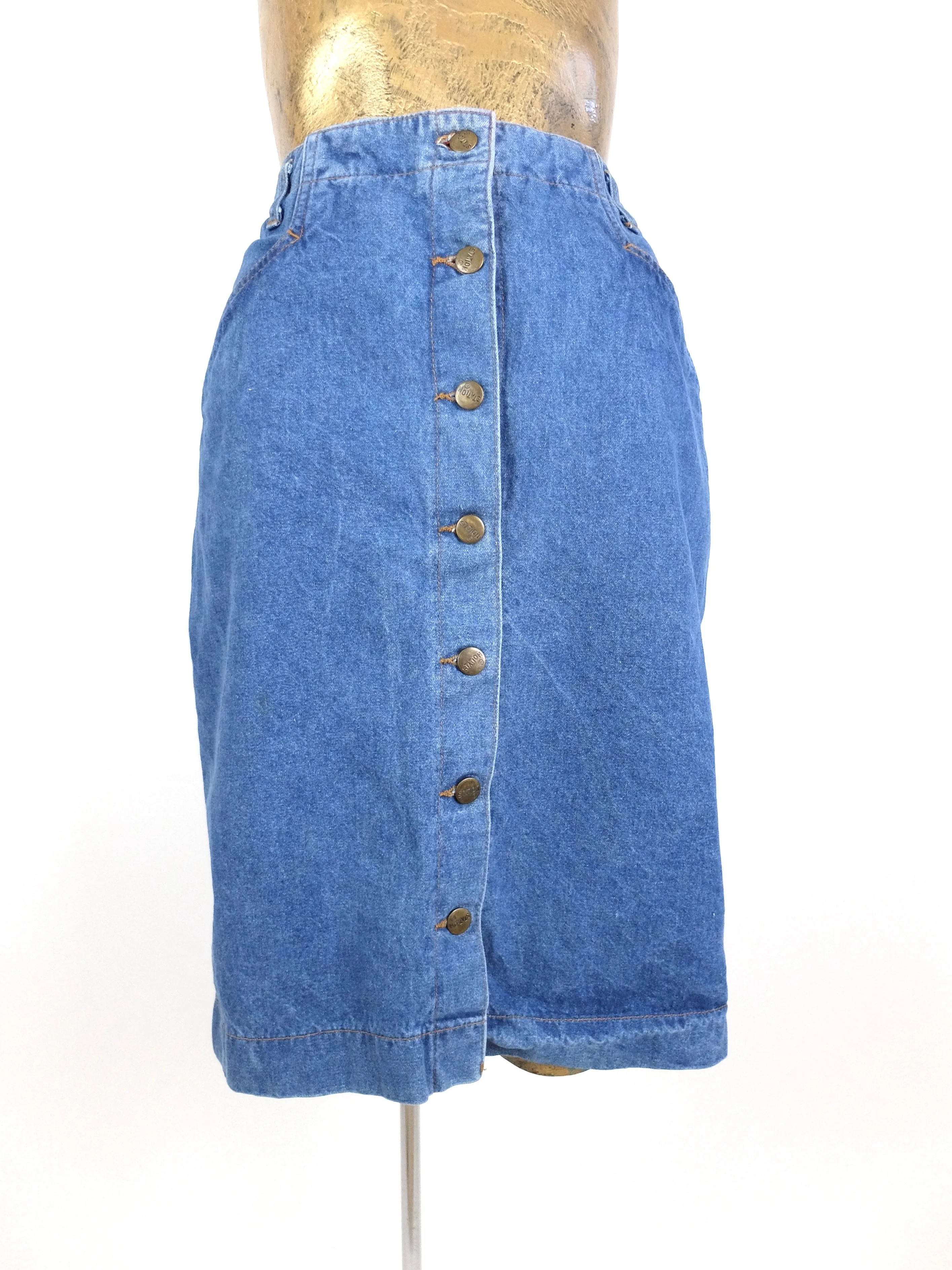 80s Utilitarian Medium Wash Denim High Waisted Snap Button A-Line Jean Mini Skirt