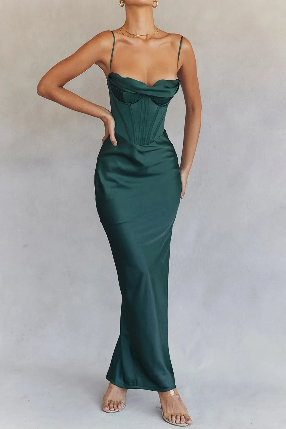 A&A Spaghetti Strap Satin Corset Maxi Dress