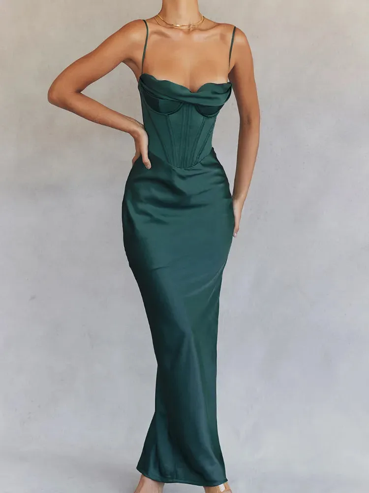 A&A Spaghetti Strap Satin Corset Maxi Dress