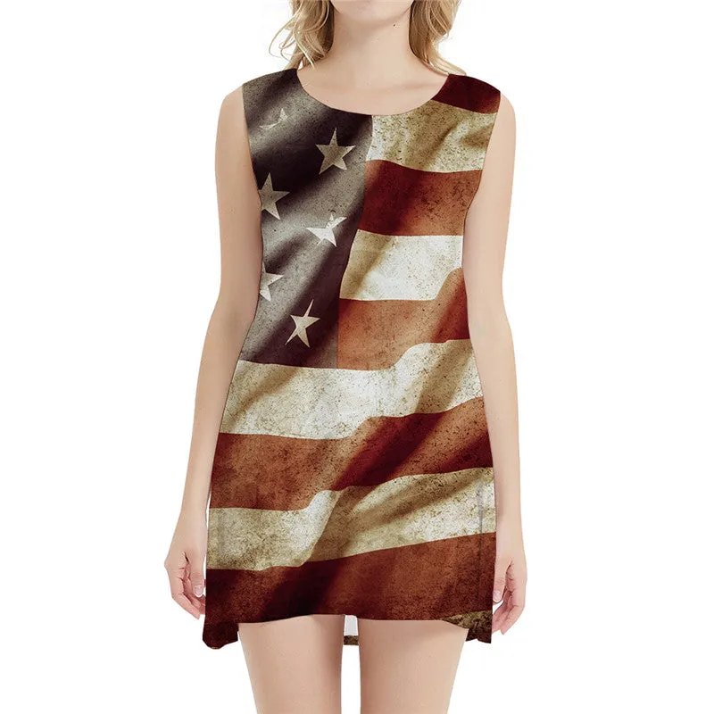 American Flag Dress Women Graffiti Halter Sleeveless Vintage Bodycon Dress Usa 3d Print Gothic Vestido Sexy Womens Clothing