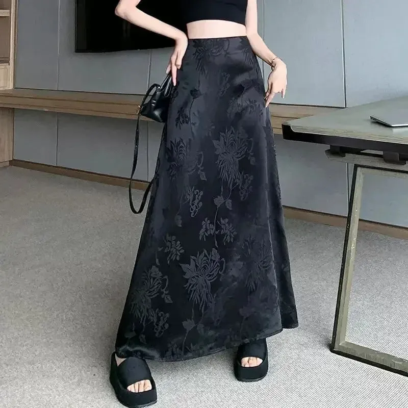 Amozae-Elegant Medium-length High-waisted Slimming A- line Skirt For Women New Chinese Style Satin Bodycon Skirt Spring Autumn Season