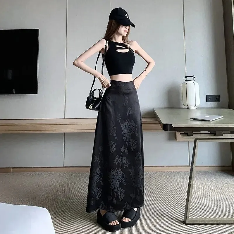 Amozae-Elegant Medium-length High-waisted Slimming A- line Skirt For Women New Chinese Style Satin Bodycon Skirt Spring Autumn Season