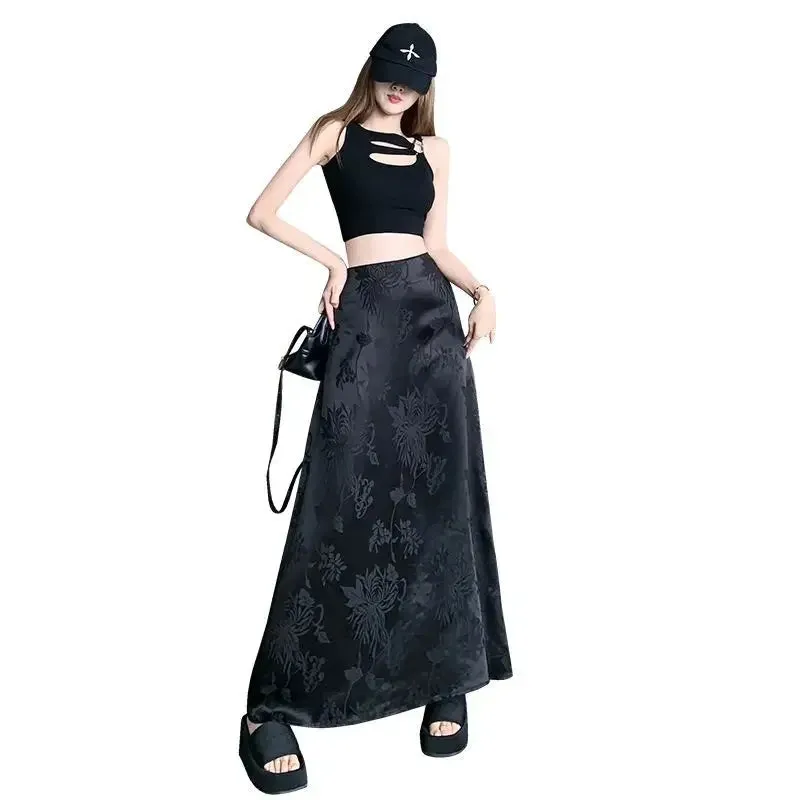 Amozae-Elegant Medium-length High-waisted Slimming A- line Skirt For Women New Chinese Style Satin Bodycon Skirt Spring Autumn Season