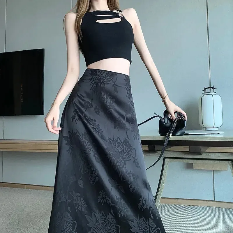 Amozae-Elegant Medium-length High-waisted Slimming A- line Skirt For Women New Chinese Style Satin Bodycon Skirt Spring Autumn Season