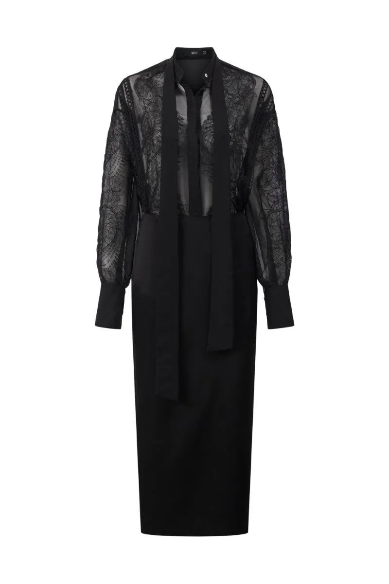 ARETHA BLACK SILK MIXED LACE SHIRT AND PENCIL SKIRT