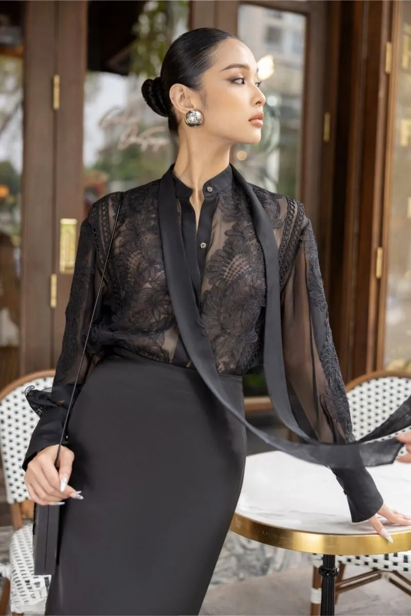 ARETHA BLACK SILK MIXED LACE SHIRT AND PENCIL SKIRT