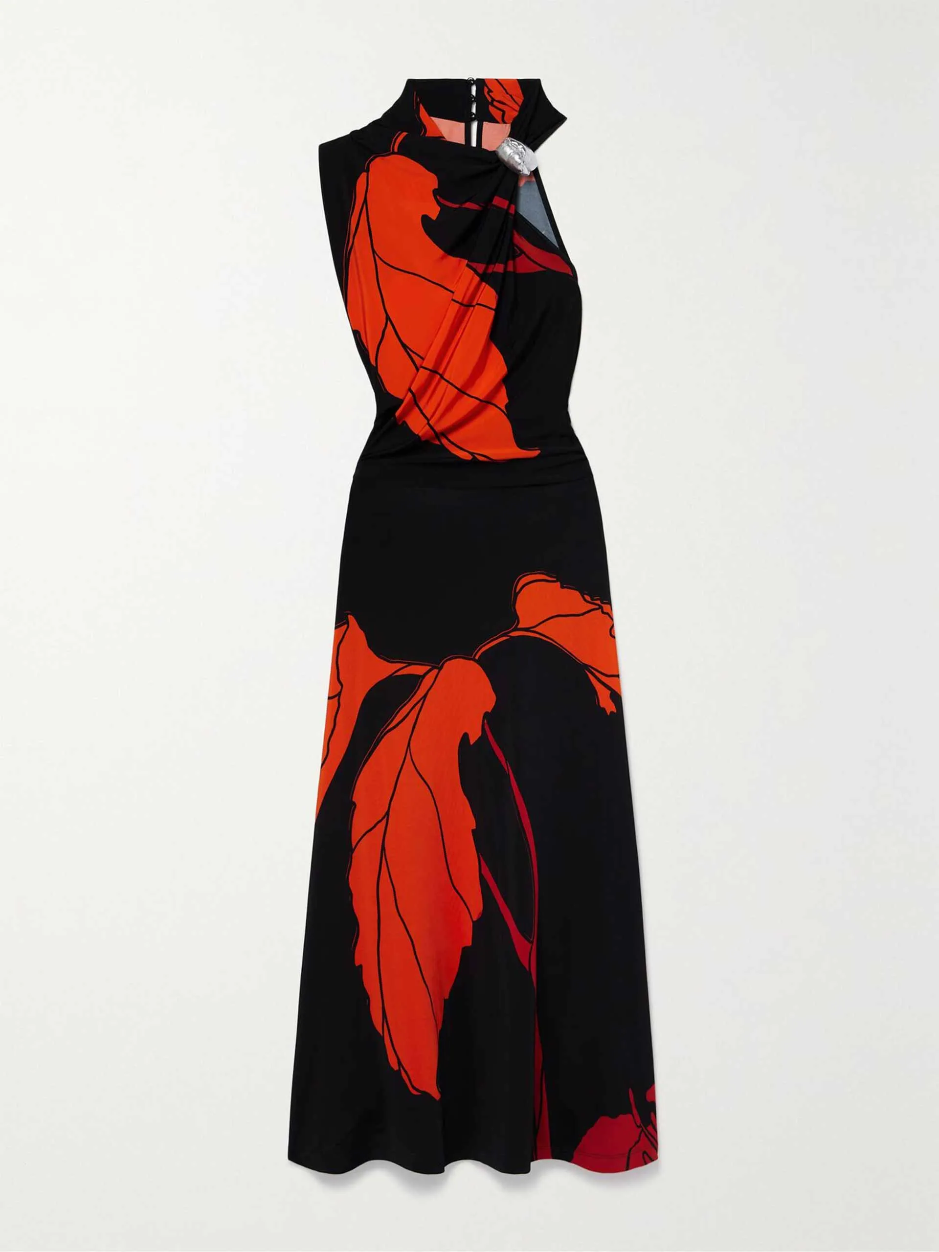 Asymmetric embellished floral-print stretch-jersey maxi dress