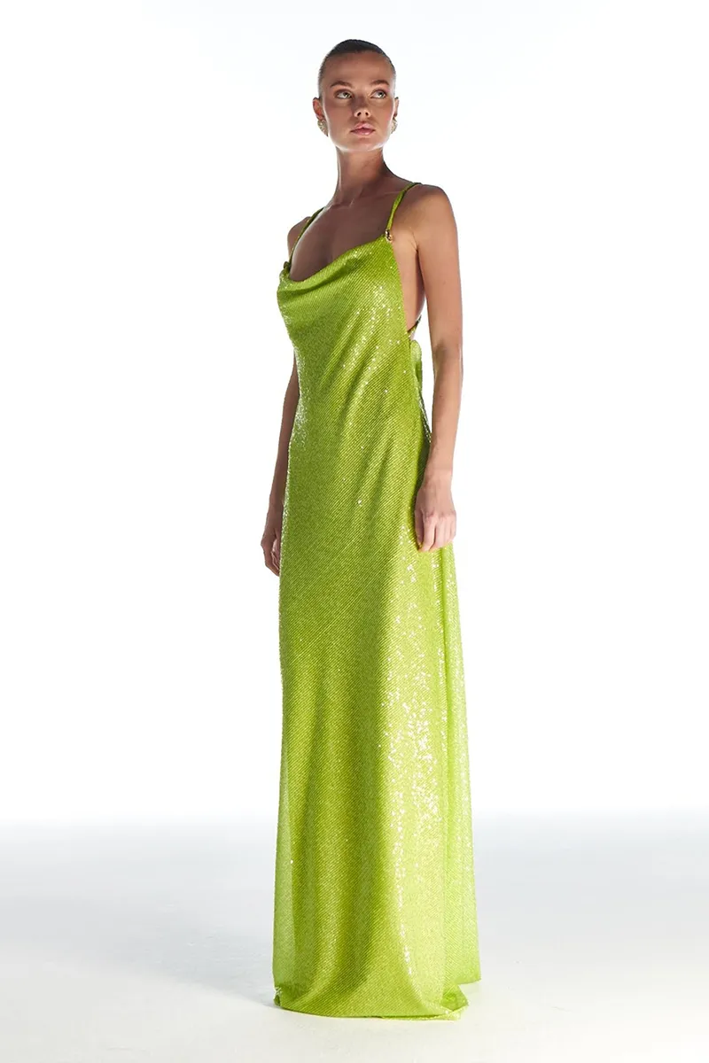 AURE GOLD TRIM GLAM MAXI DRESS