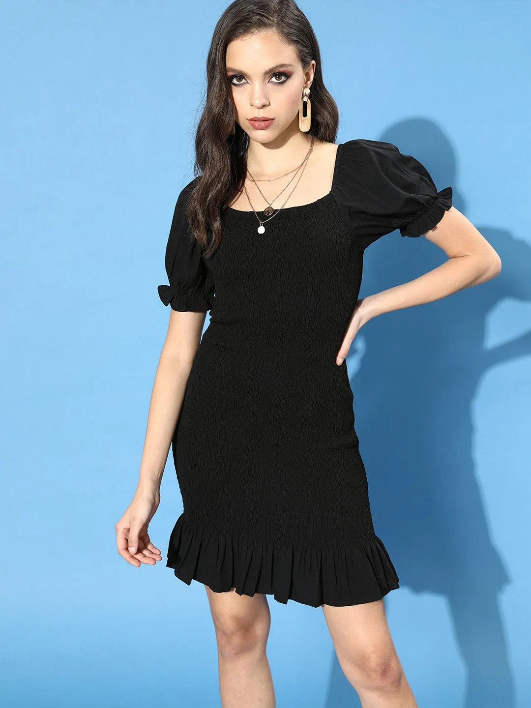 Berrylush Women Solid Black Crepe Bodycon Fit & Flare Mini Dress