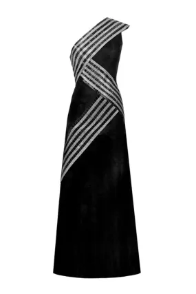 BLACK ASYMMETRIC GLASS MAXI DRESS