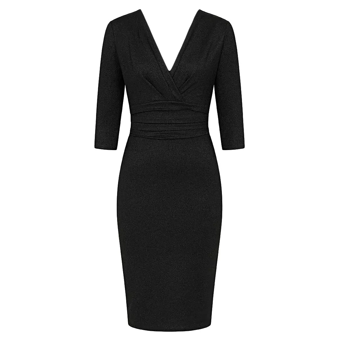 Black Deep V 3/4 Sleeve Bodycon Ruched Waist Wiggle Party Dress