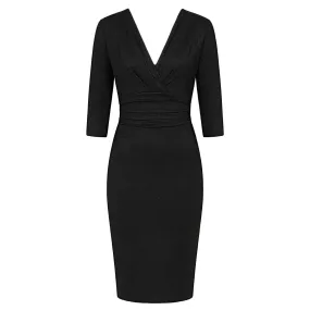 Black Deep V 3/4 Sleeve Bodycon Ruched Waist Wiggle Party Dress