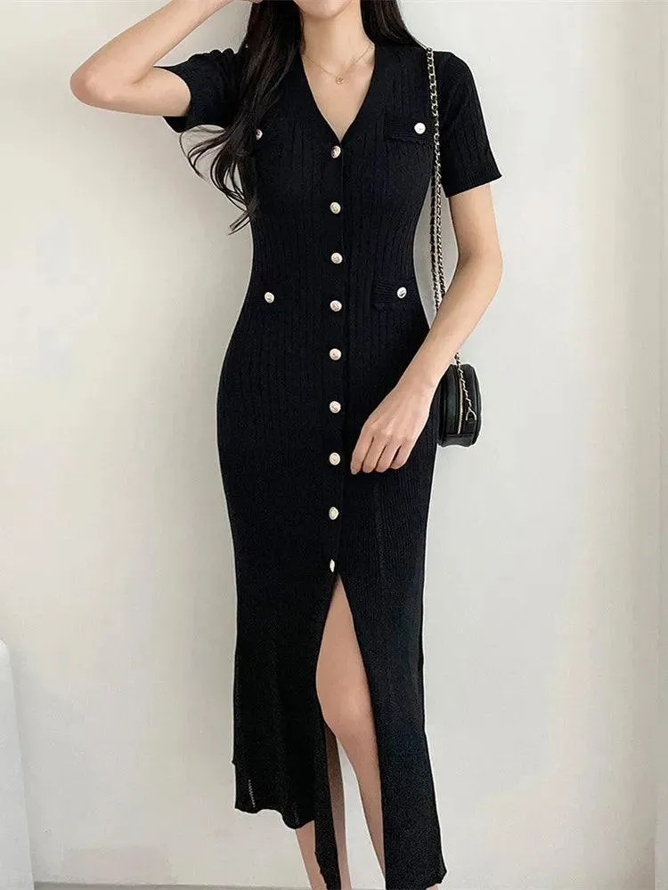 Black Knitted Ruffle Midi Dress: Chic Korea Style Fashion