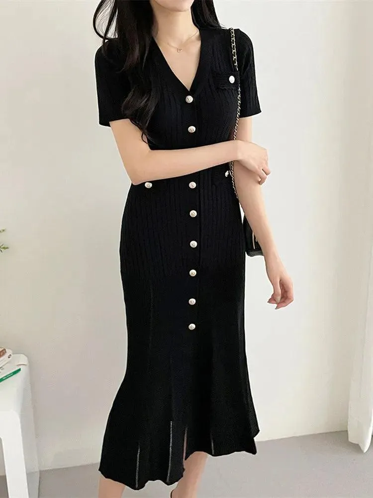 Black Knitted Ruffle Midi Dress: Chic Korea Style Fashion