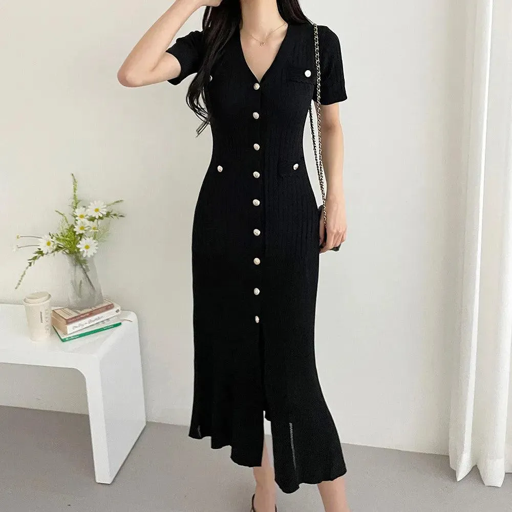 Black Knitted Ruffle Midi Dress: Chic Korea Style Fashion