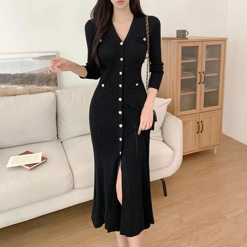 Black Knitted Ruffle Midi Dress: Chic Korea Style Fashion