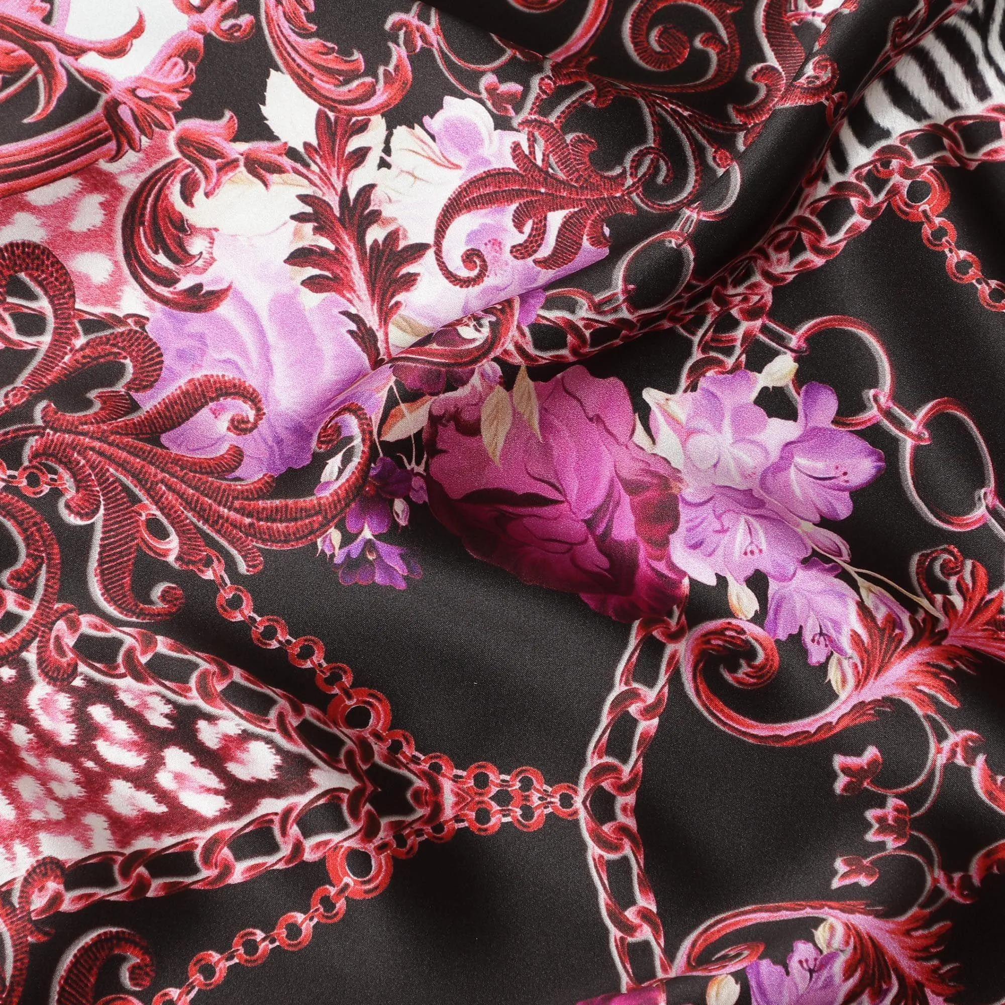 Black premium pure Italian silk satin fabric with multicolor print in floral design-D13746