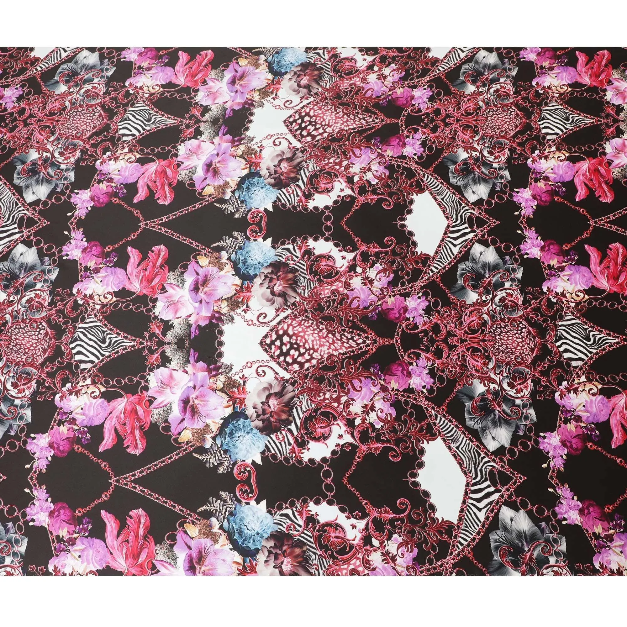 Black premium pure Italian silk satin fabric with multicolor print in floral design-D13746