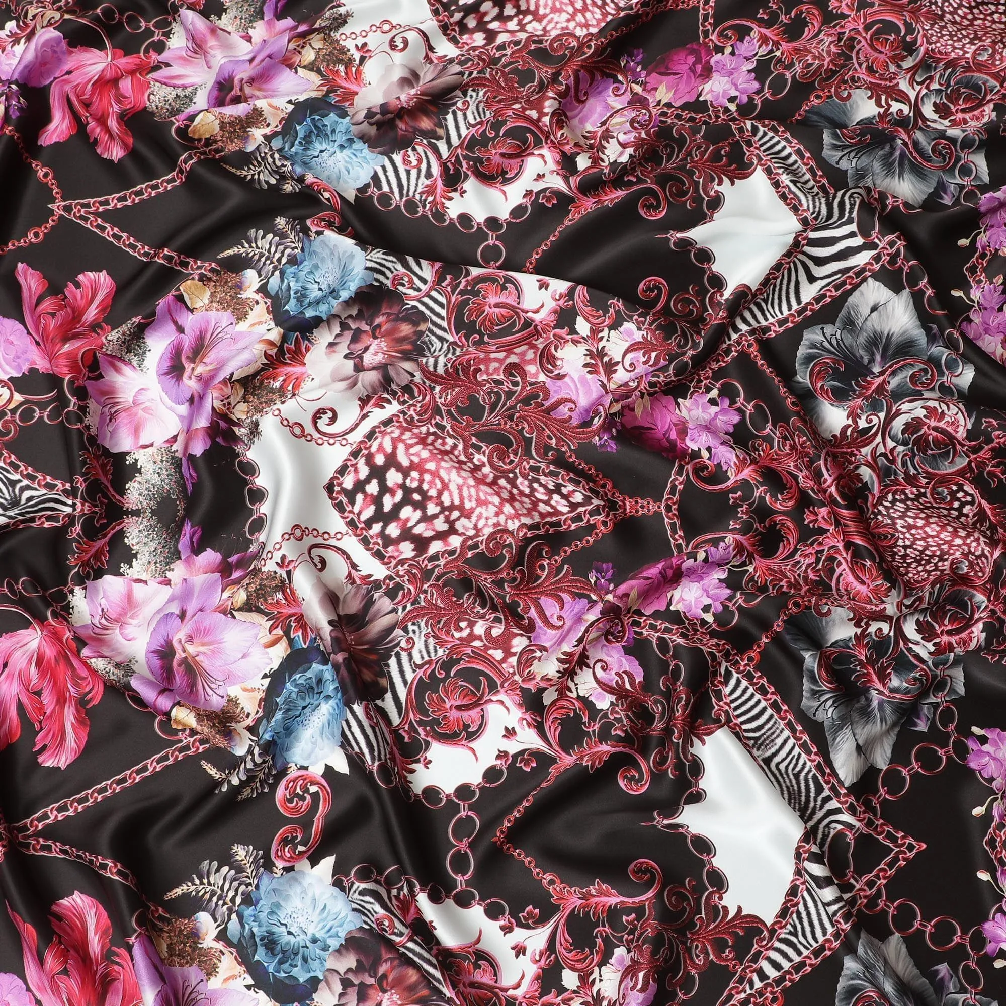 Black premium pure Italian silk satin fabric with multicolor print in floral design-D13746