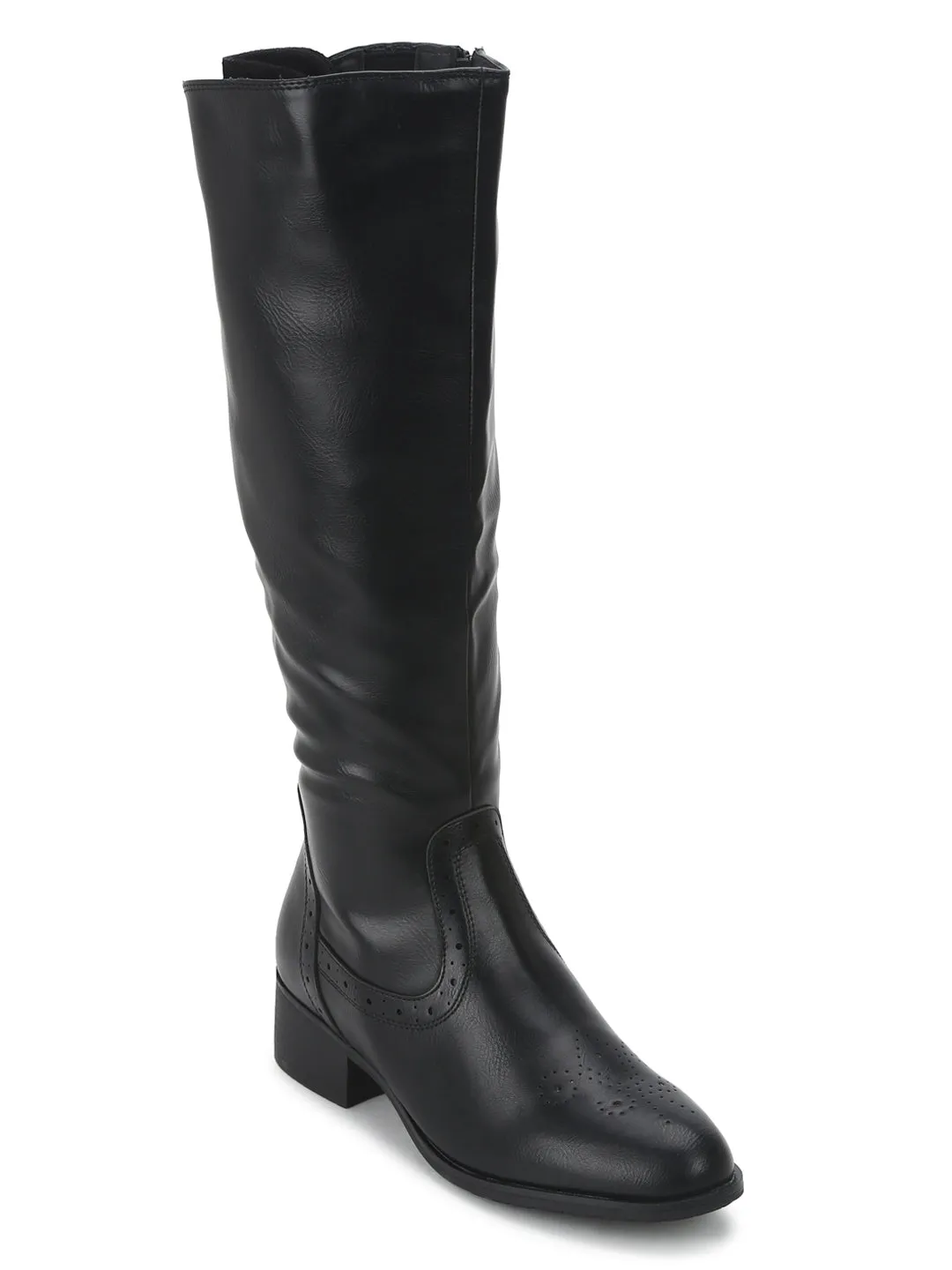 Black PU Back Lace Calf Length Boots