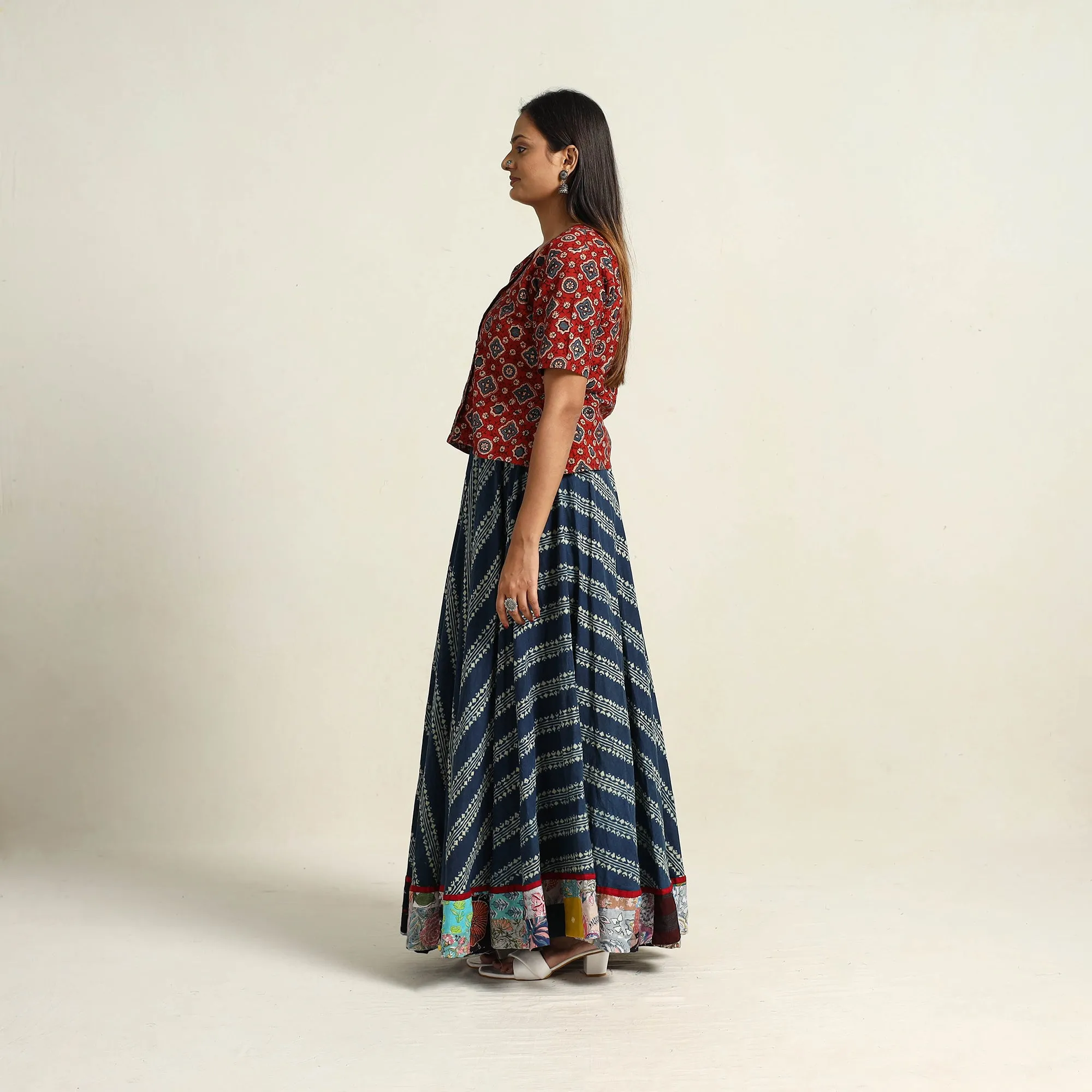 Blue - Hand Block Printed Cotton Long Ajrakh Skirt 09