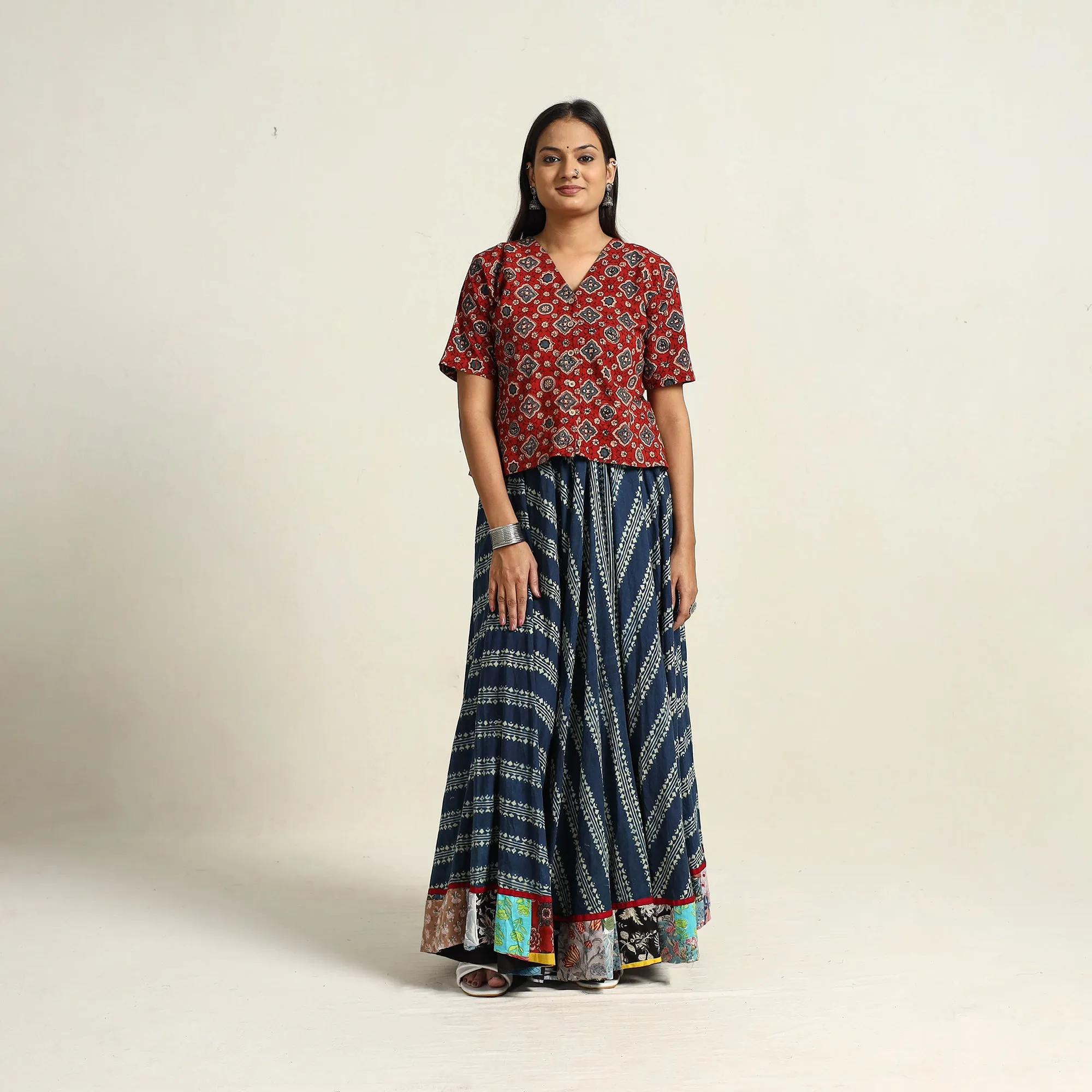 Blue - Hand Block Printed Cotton Long Ajrakh Skirt 09