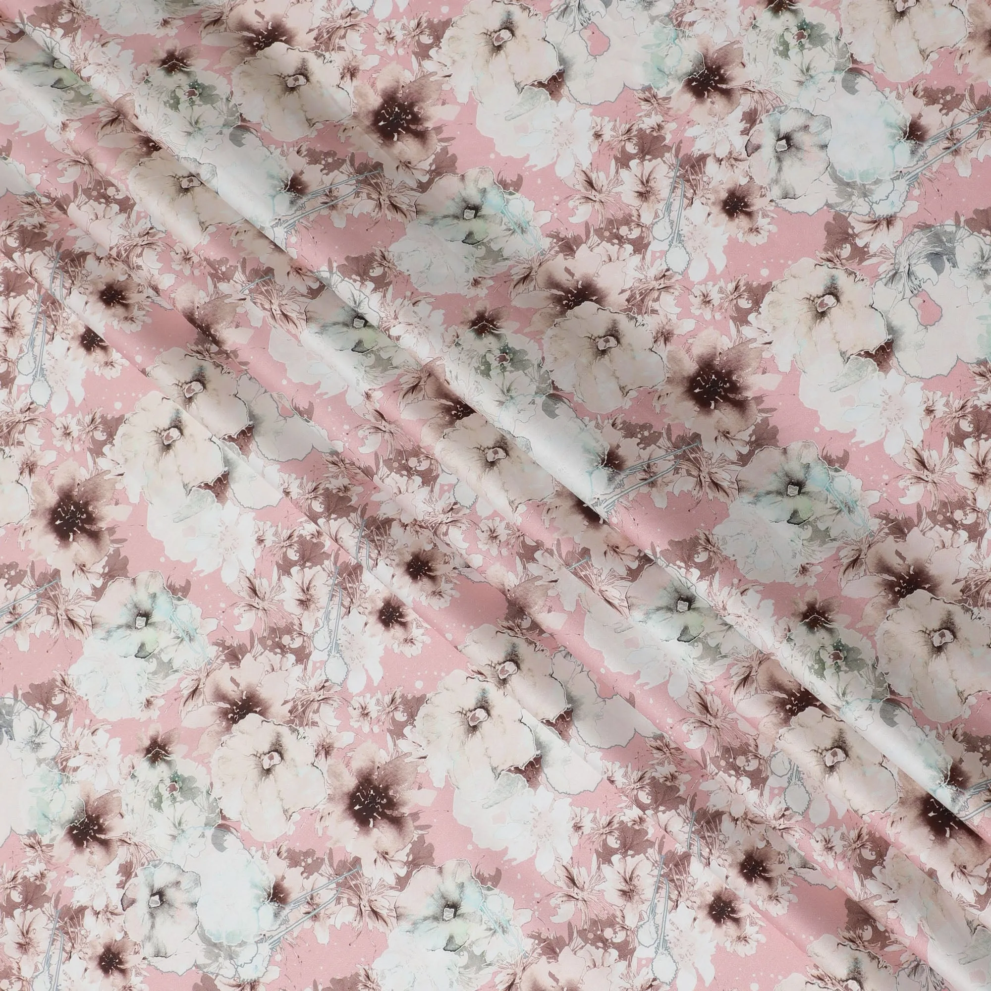 Blush Pink Floral Cotton Satin Fabric, 110 cm Width-20056