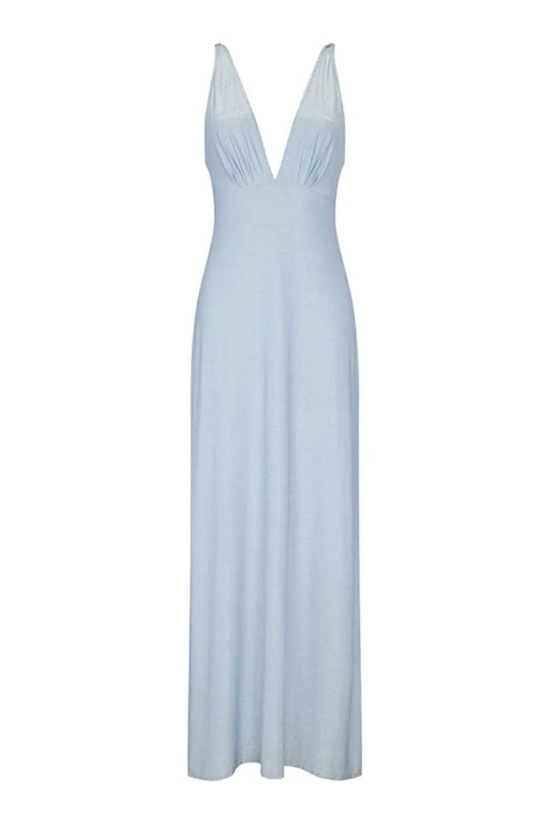 CELESTE LIGHT BLUE V-NECK MAXI DRESS