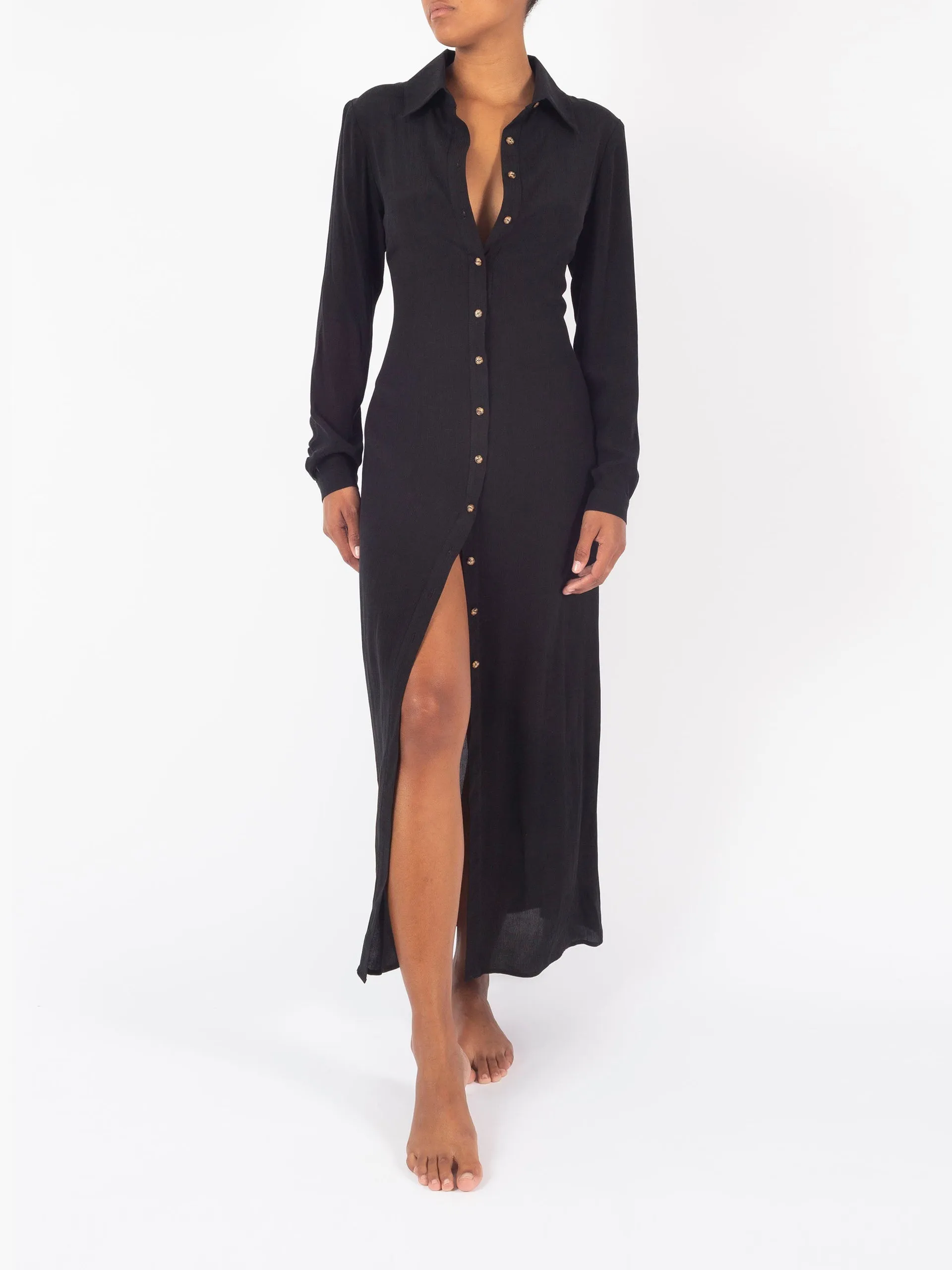 Collared Button-Down maxi shirt dress in textured cupro blend