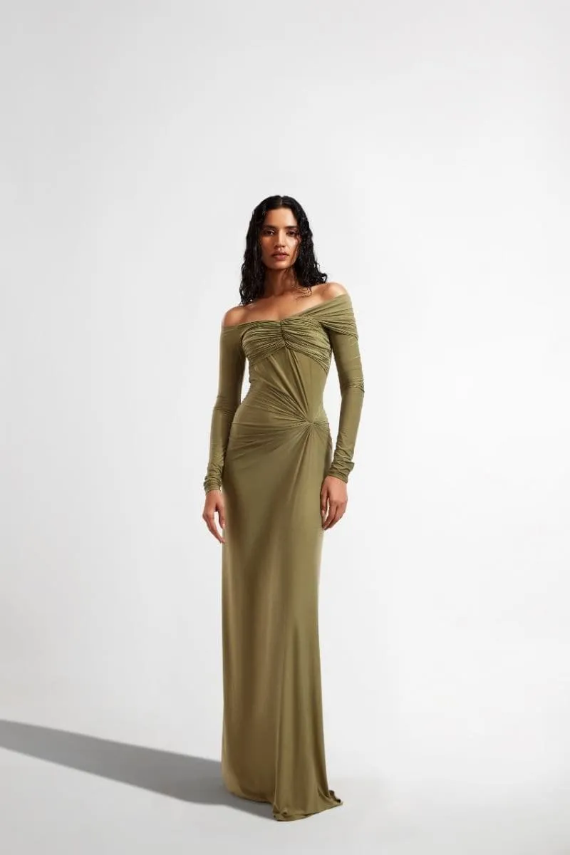 CONNIE OLIVE OFF-SHOULDER DRAPED MAXI DRESS