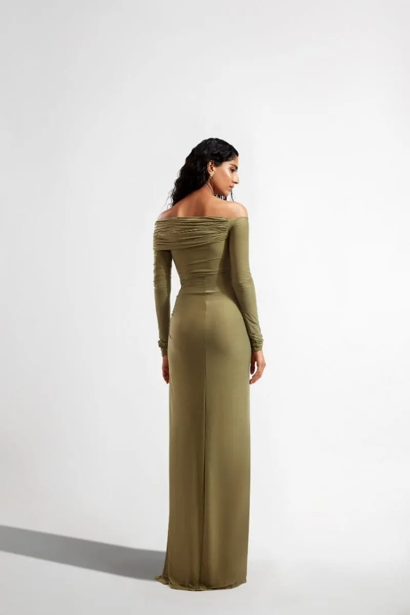 CONNIE OLIVE OFF-SHOULDER DRAPED MAXI DRESS