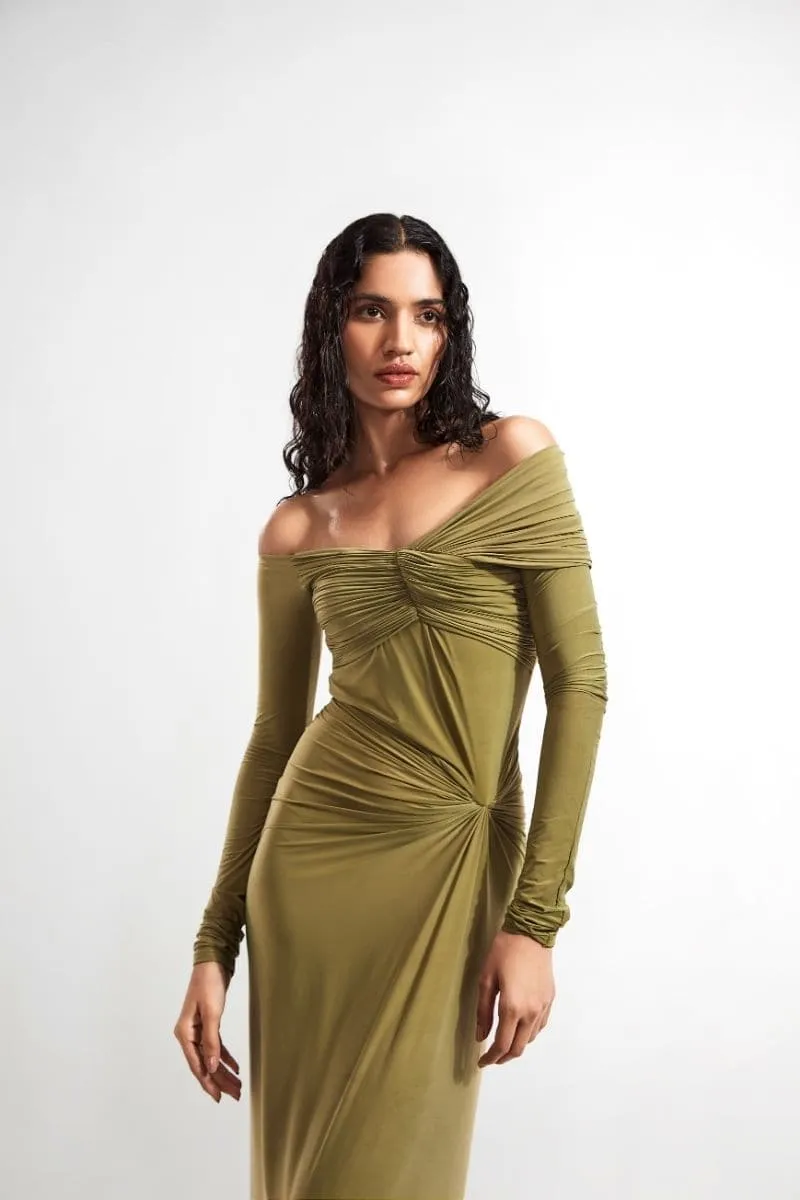 CONNIE OLIVE OFF-SHOULDER DRAPED MAXI DRESS