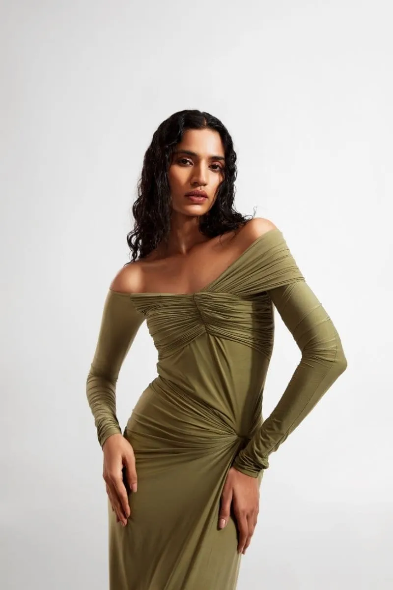 CONNIE OLIVE OFF-SHOULDER DRAPED MAXI DRESS