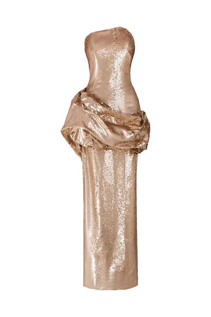 COOPER SEQUIN LONG DRESS WITH DRAPING WAIST BUMP