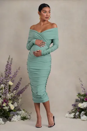 Davina | Sage Ruched Twist Bardot Long-Sleeve Maternity Midi Dress