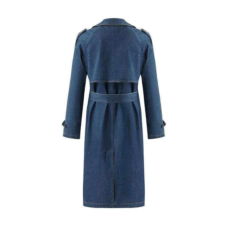 Denim Lapel Women Trench Coat With Belt