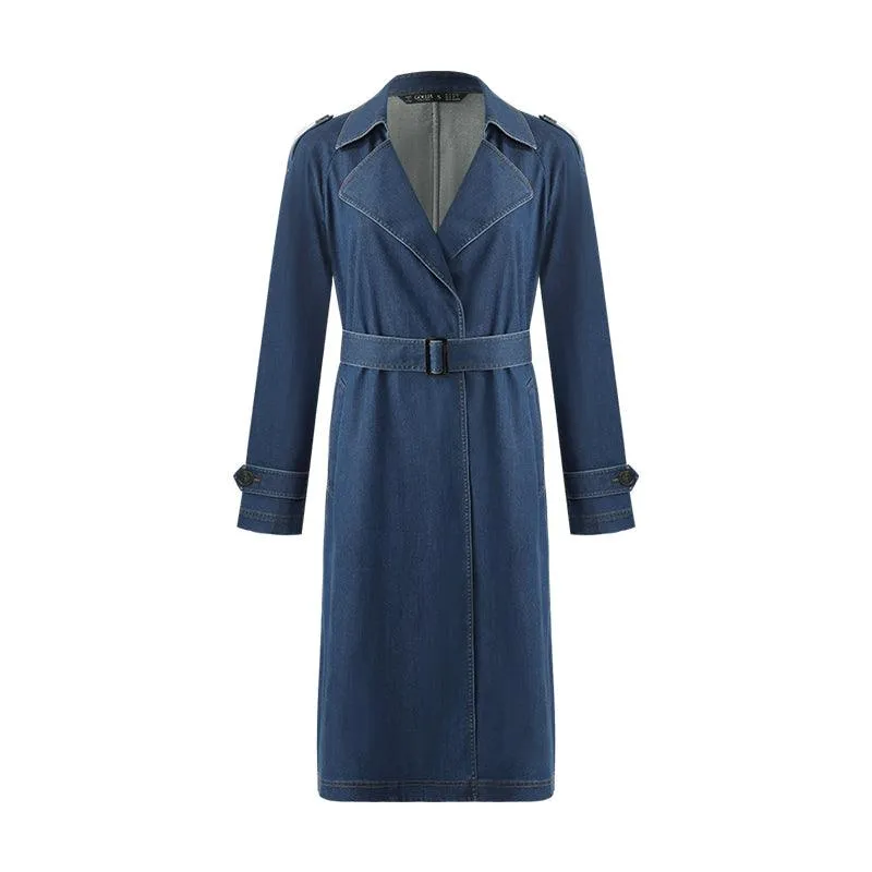 Denim Lapel Women Trench Coat With Belt