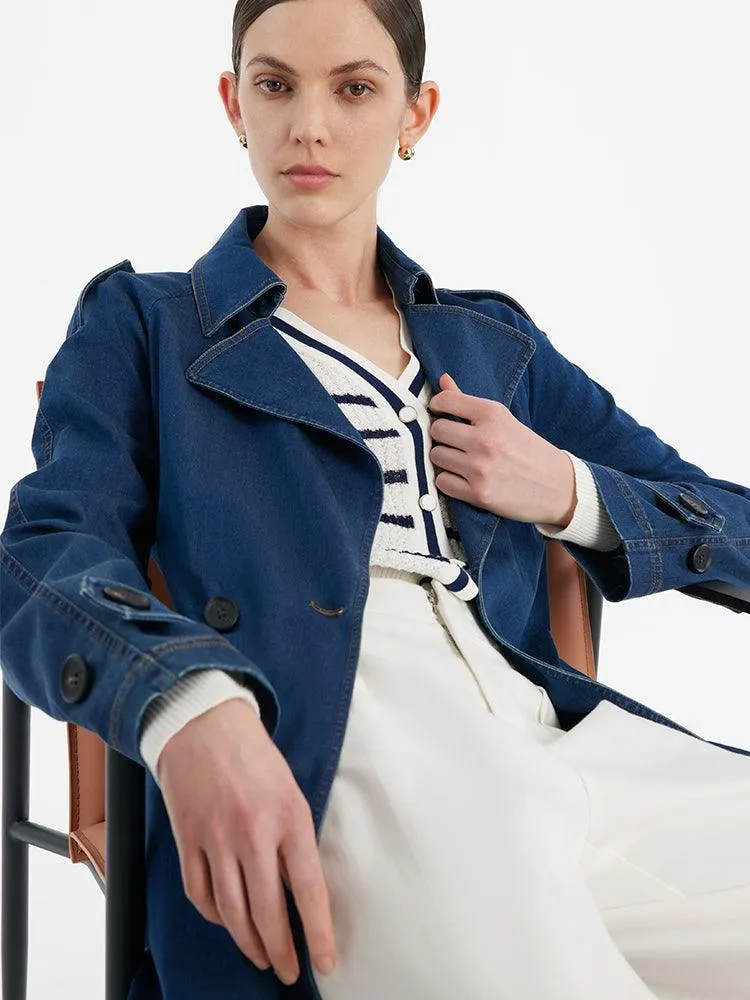 Denim Lapel Women Trench Coat With Belt