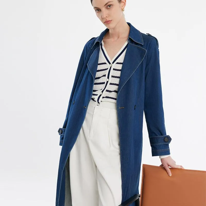 Denim Lapel Women Trench Coat With Belt