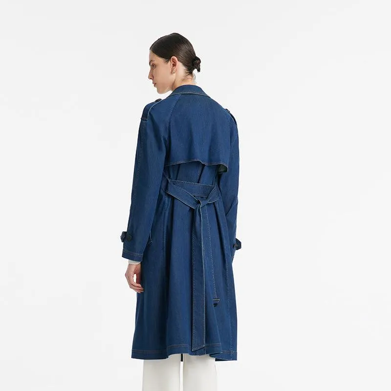 Denim Lapel Women Trench Coat With Belt