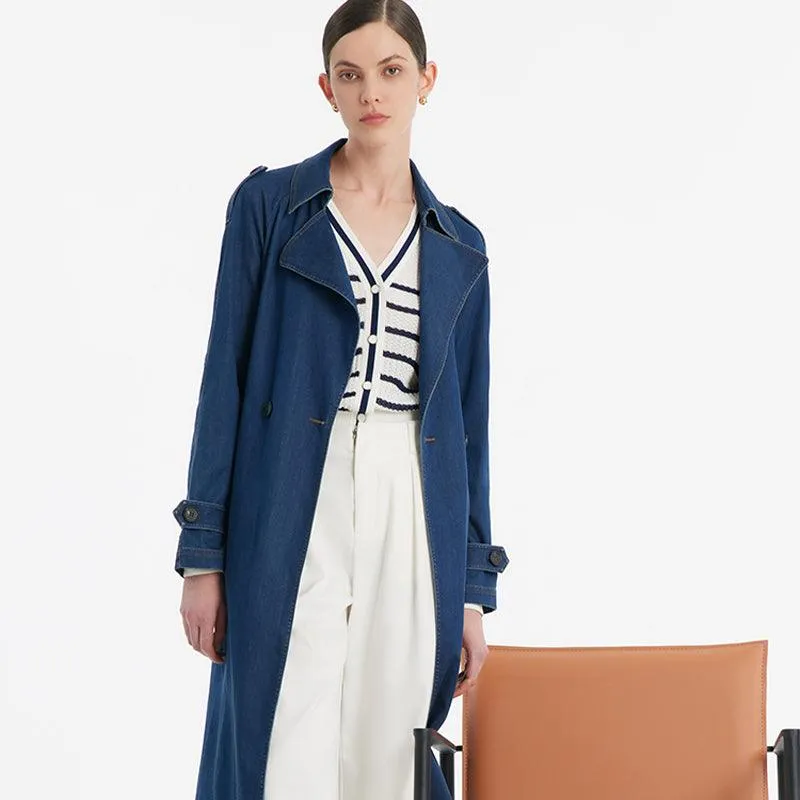 Denim Lapel Women Trench Coat With Belt