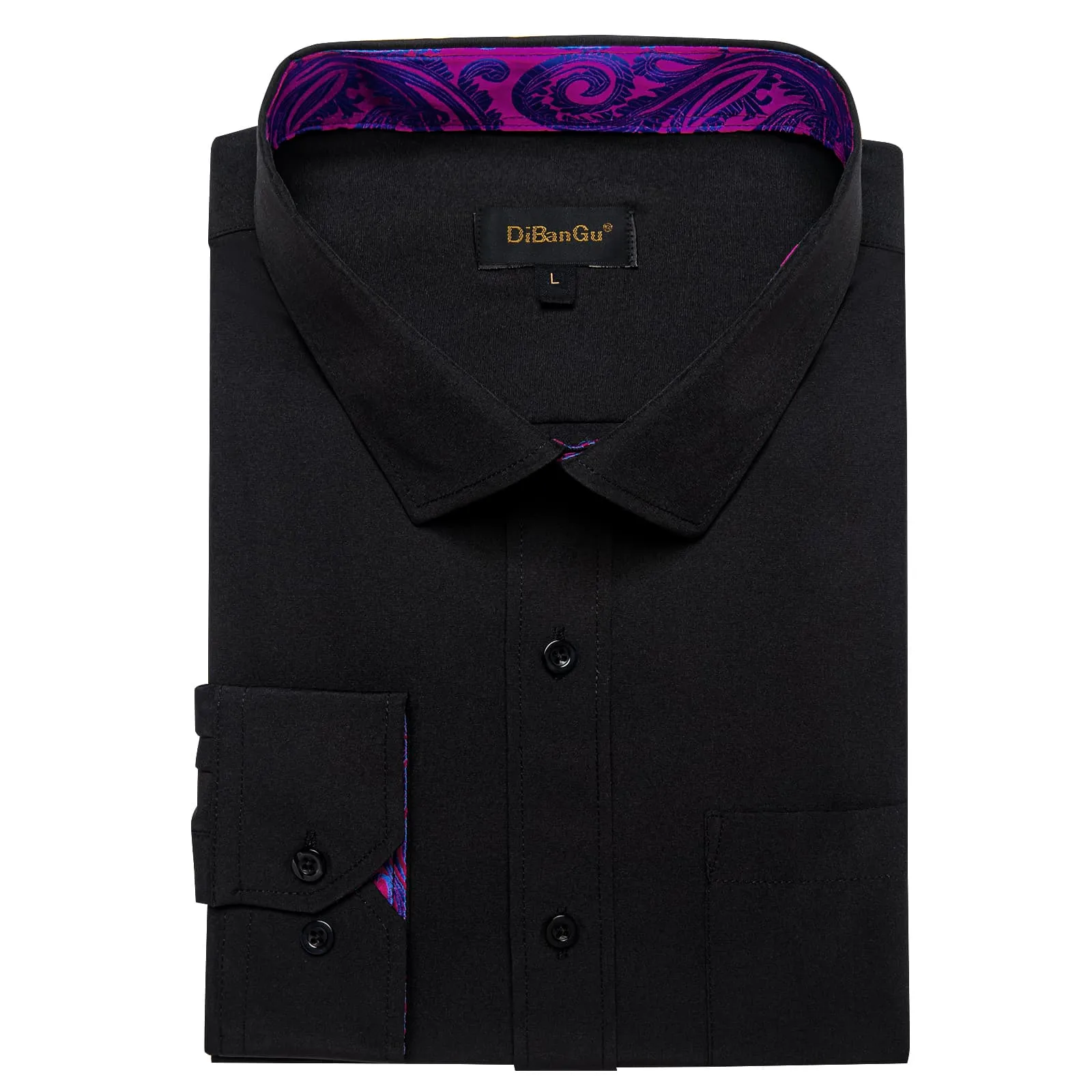 DiBanGu Black Solid Splicing Blue Paisley Silk Mens Long Sleeve Shirt