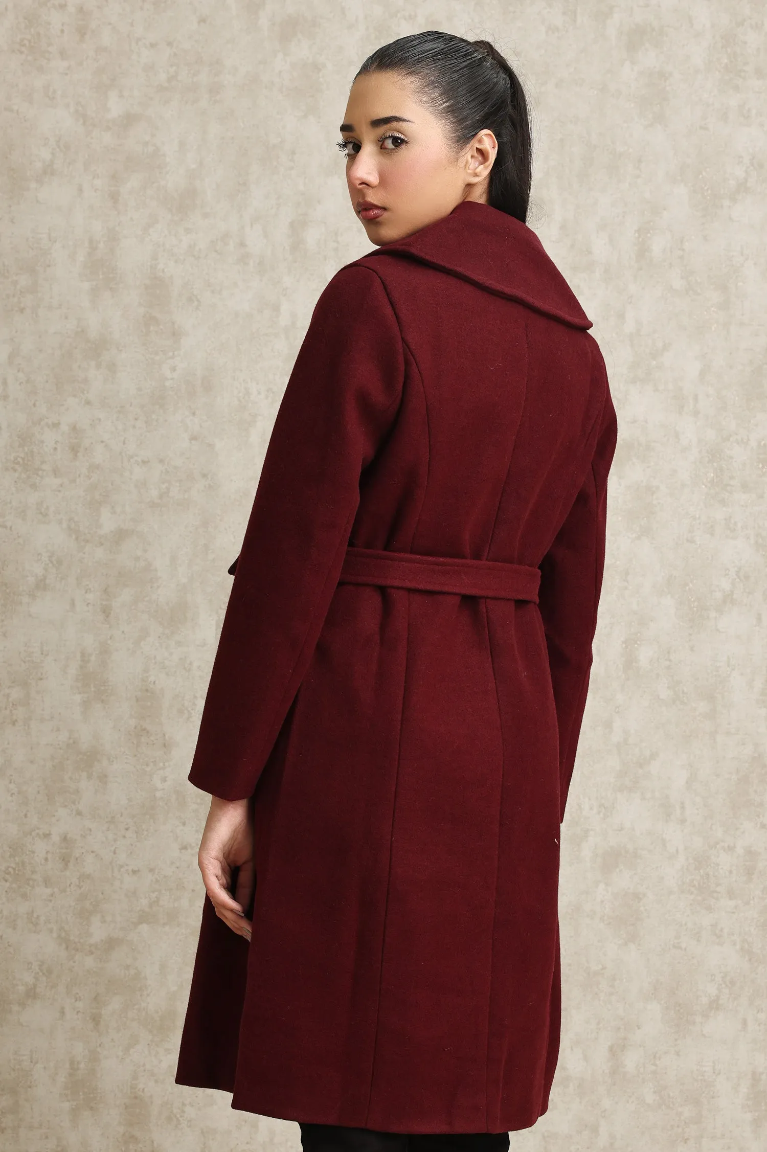 DOUBLE-BREASTED WOOL BLEND OVERCOAT-WINE