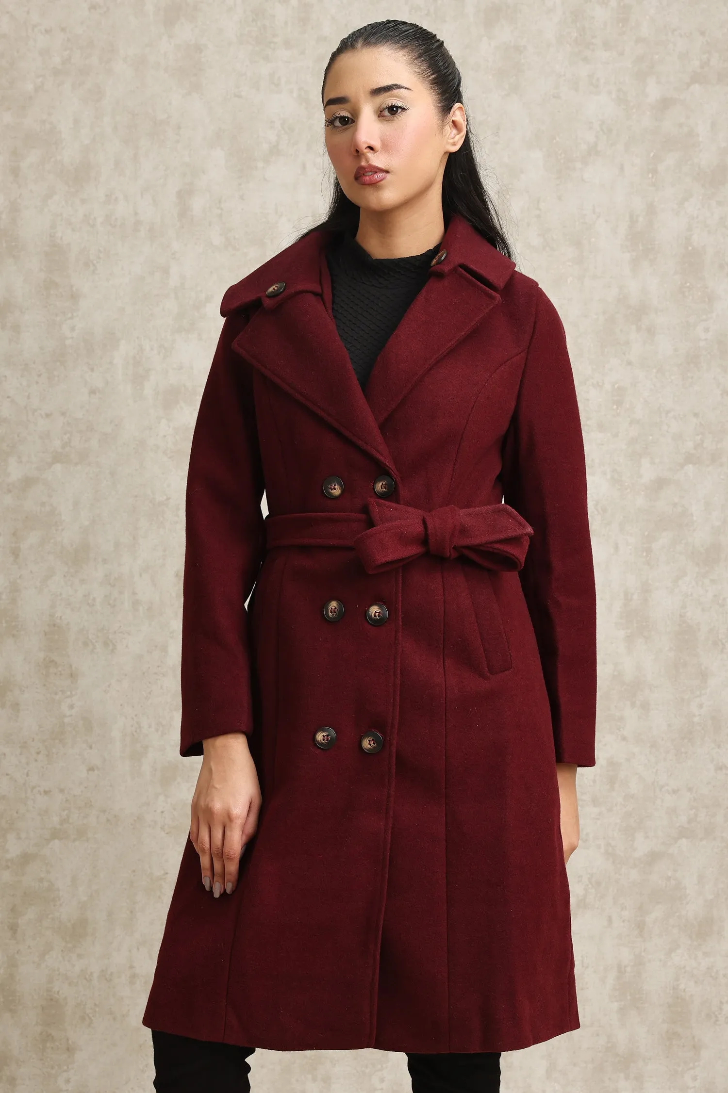 DOUBLE-BREASTED WOOL BLEND OVERCOAT-WINE