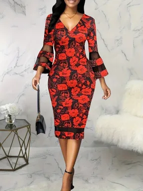 Elegant Fall/Winter Floral Pencil Dress: V-Neck, Bell Sleeves, Comfort Fit - Durable & Easy Care Women's Fashion