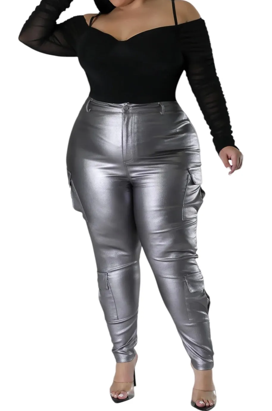 Final Sale Plus Size Slim Cargo Pants in Metallic Silver