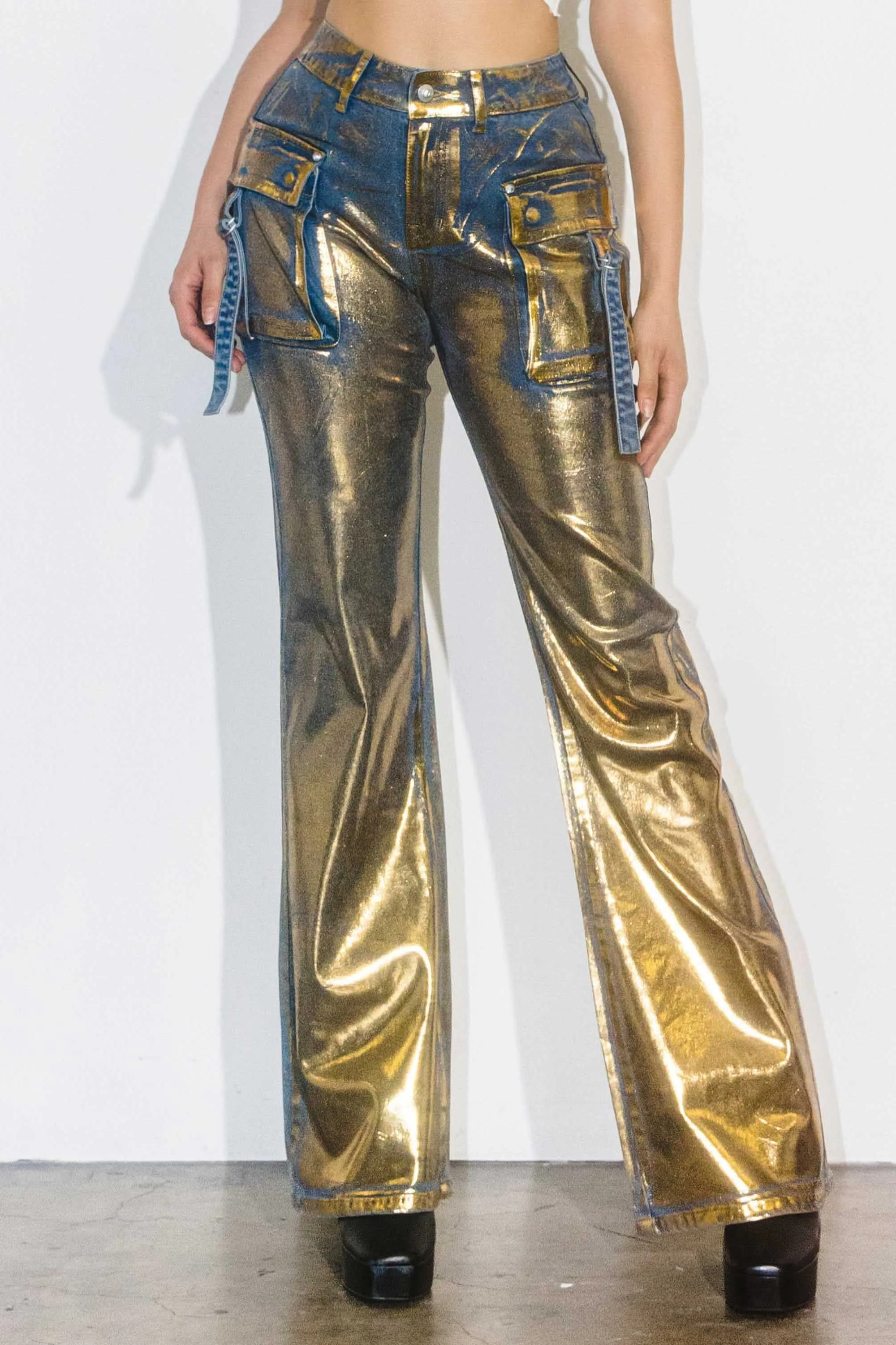 Foil Print Volume Flare Cargo Pants